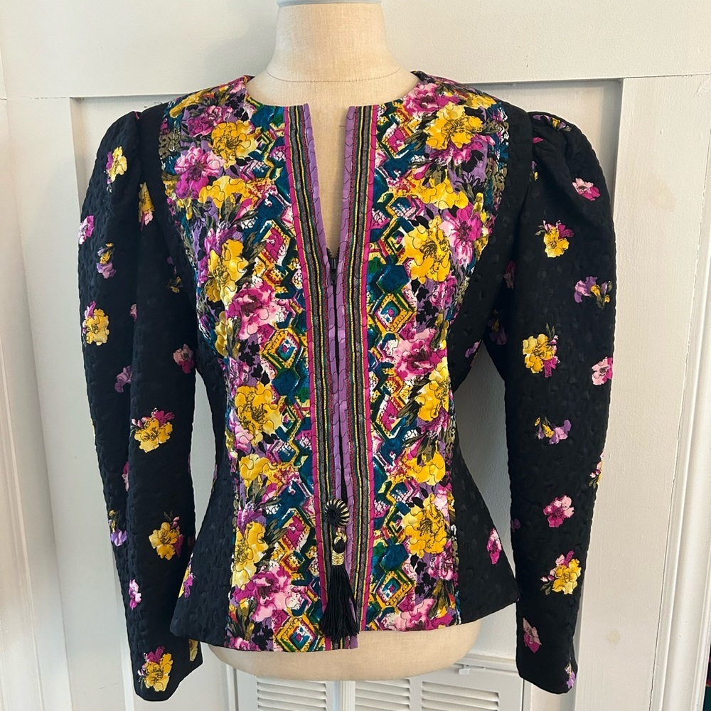 Vintage Black Floral Embroidered Blazer with Yellow & Pink Accents
